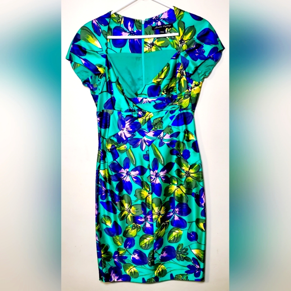 Sandra Angelozzi green and purple floral print cocktail dress